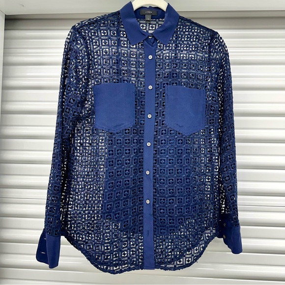 J. CREW Navy Blue Geometric Lace Button-Down Collared Long Sleeve Top - Picture 7 of 9